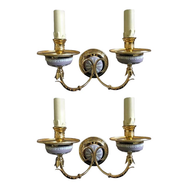 Postmodern Brass Porcelain Wall Lights, Italy, 1970s, Set of 2 For Sale