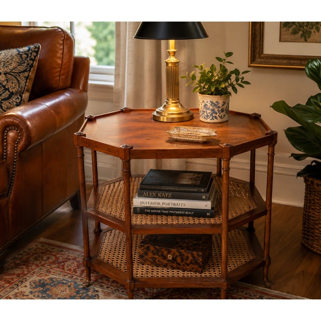 Vintage Baker Furniture Three-Tier Octagonal Walnut & Cane Side Table Beautifully refinished and crafted with the...