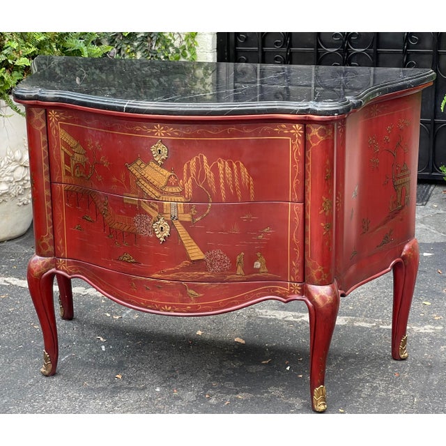 1990s 19th C Style Red Chinoiserie & Black Marble Commode - Newport Historic Mansion Collection For Sale - Image 5 of 7