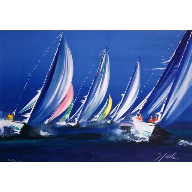 Nautical Victor Spahn "Les Regates" Sailing Hand Signed Lithograph Framed For Sale - Image 3 of 8