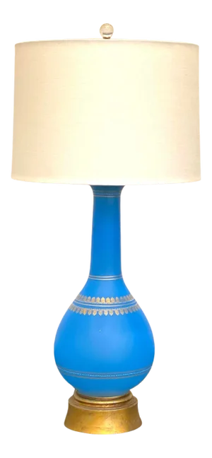 Vintage Mid 20th Century Blue Glass Lamp With Hand Painted Gold Detail