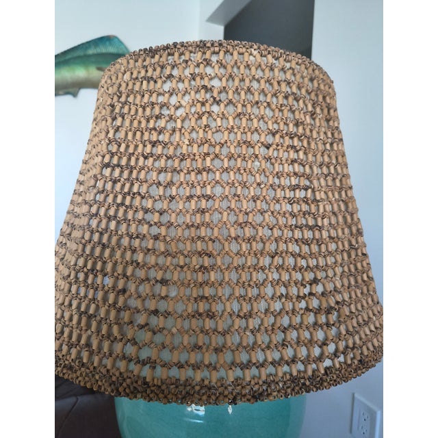 1970s Mid Century Modern Turquoise Pottery Lamp With Beaded Shade For Sale In Naples, FL - Image 6 of 7