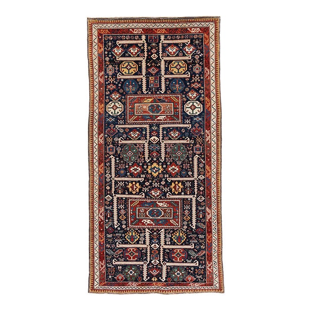 Antique Circa 1880 Blue Akstafa Caucasian Hand Knotted Rug 3ft 10in X 8ft 2in For Sale