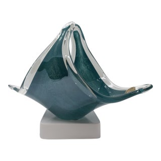 Mid 20th Century Murano Teal Sommerso Freeform Art Glass Basket Vase For Sale