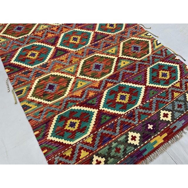 4' X 5'10" Afghan Chobi Khorjin Geometric Wool Kilim Rug For Sale - Image 9 of 17
