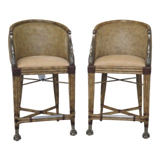 Modern Maitland Smith Leather Seat Brass Swan Bar Chairs- A Pair For Sale