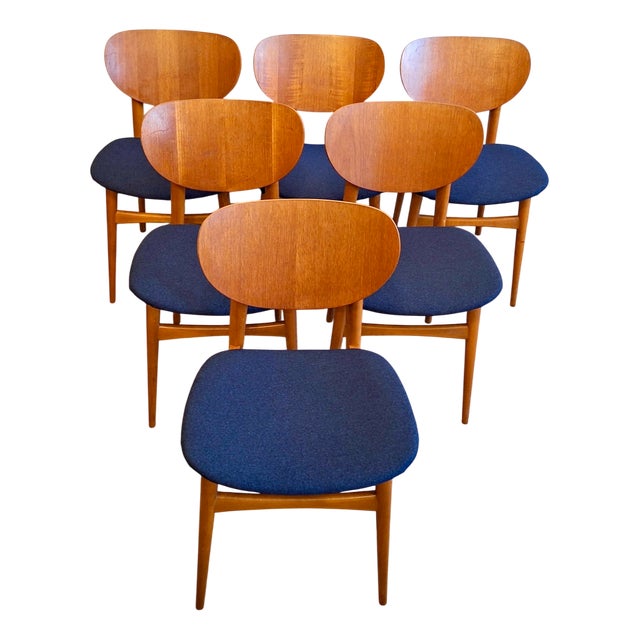 Vintage Teak Dining Chairs with Navy Blue Covers, 1960s, Set of 6 For Sale