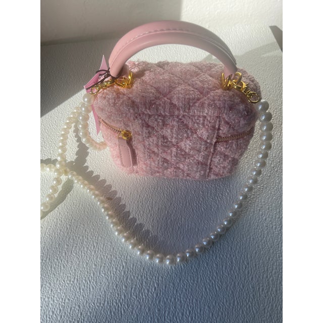 American Tweed Oval Mini Handbag With Pearl Shoulder Strap For Sale - Image 3 of 6