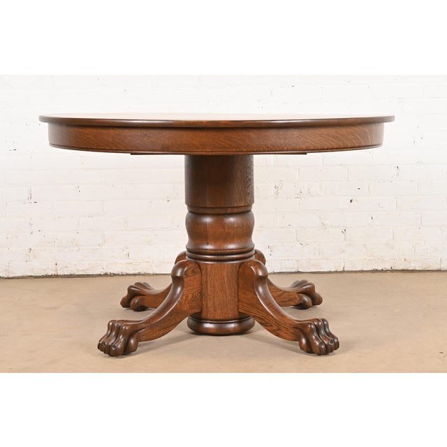 R. J. Horner Style Antique Victorian Oak Pedestal Extension Dining Table With Lion Paw Feet, Newly Refinished For Sale - Image 11 of 12