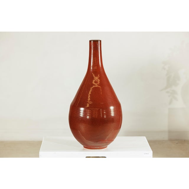 Large Artisan Ceramic Vase in Rich Brown Glaze with Teardrop Silhouette For Sale - Image 11 of 18
