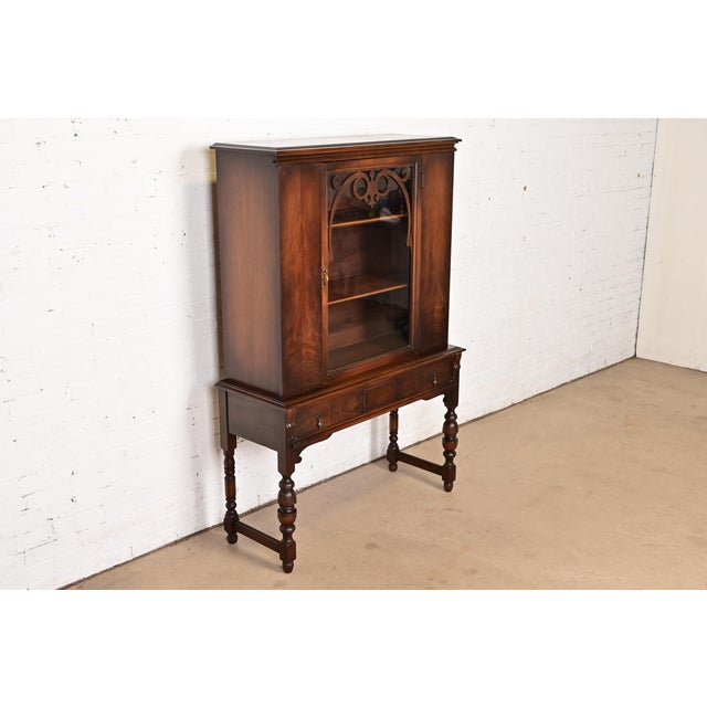 Charles Limbert Limbert English Jacobean Carved Walnut and Burl Wood Bookcase or Bar Cabinet, Circa 1920s For Sale - Image 4 of 15