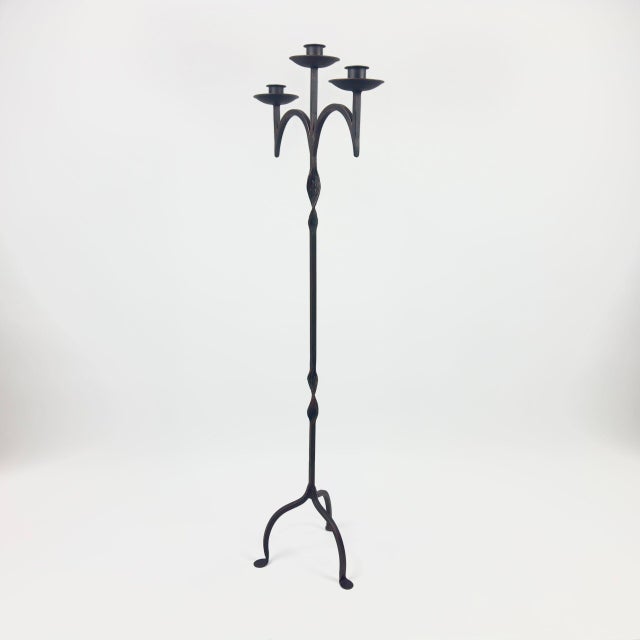 Hand Forged Iron Floor Candelabra 47.5″ (121cm) Leaf Detail Antique Copper or Gold Patina 3-Arm Candle Holder Rustic Decor For Sale - Image 6 of 9