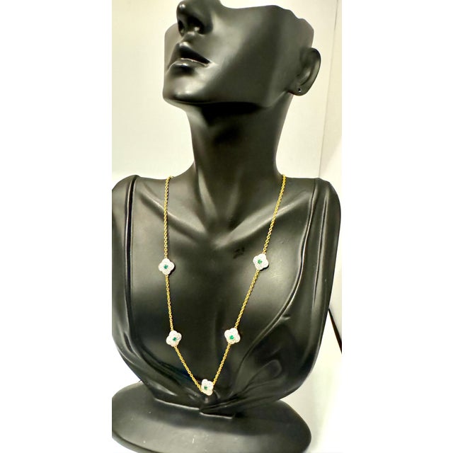 5 Clover Natural Emerald Cluster & Diamond Station Chain Necklace, 14 KYG, 17 Gm For Sale - Image 10 of 18