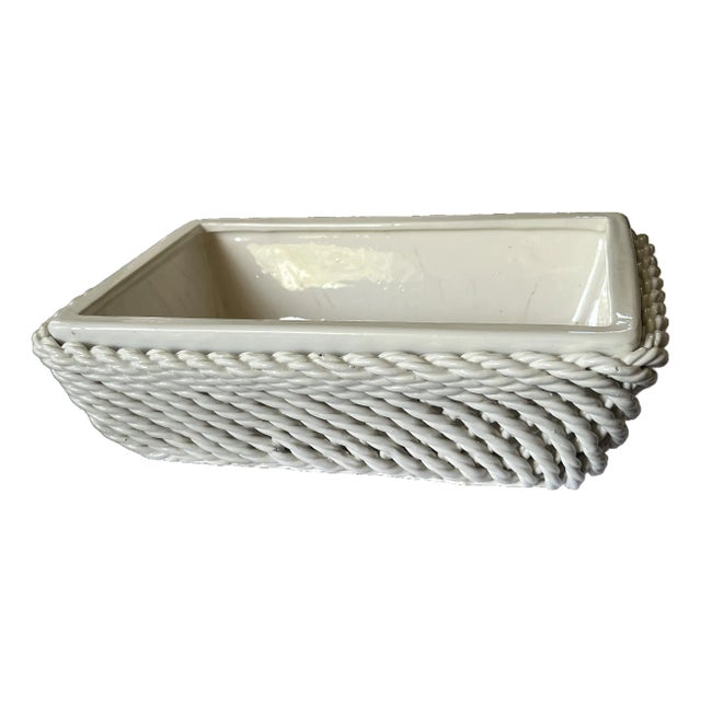 1950s Italian Handmade White Ceramic Jardinier Cache Pot Planter With Trellis (Treillage) Design For Sale