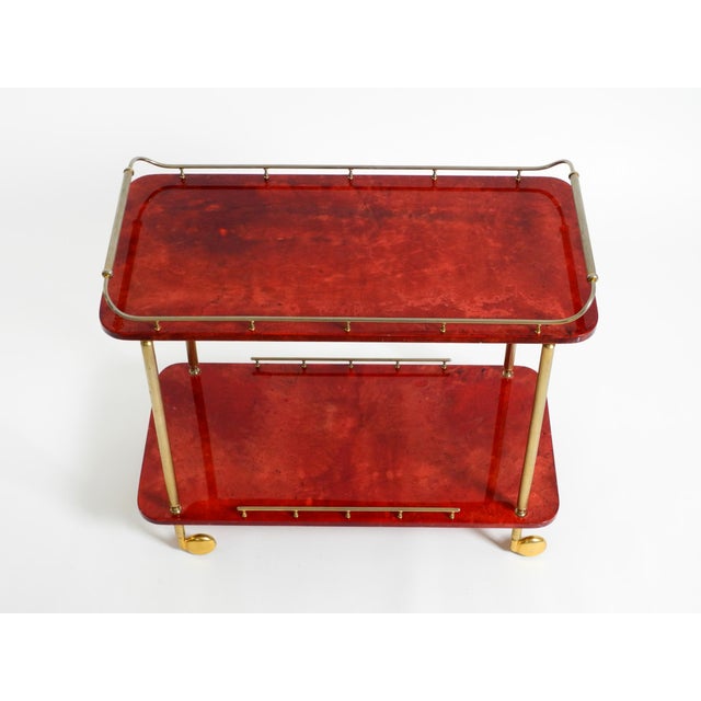 Large Vintage Red Goatskin Serving Bar Cart by Aldo Tura, 1960s For Sale - Image 6 of 18