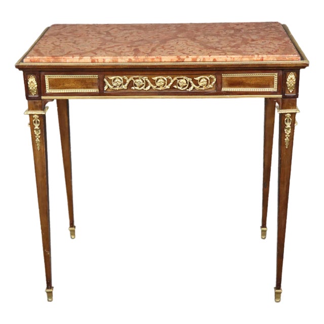 19th Century French Louis XVI Style Marble Top Writing Table With Bronze Mounts For Sale