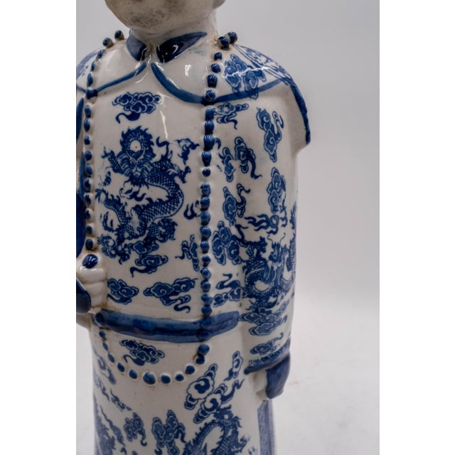 Pair of Vintage Chinese Blue & White Porcelain Chinese Emperor Figures For Sale - Image 11 of 18