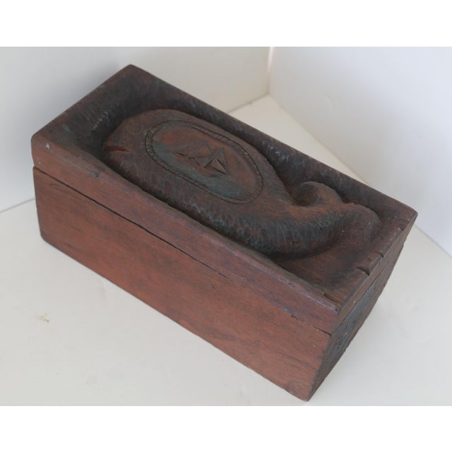 Brown Unbelievable Rare Antique Folk Art Hand Carved Solid Wood Box With Whale Schooner Nautical For Sale - Image 8 of 18