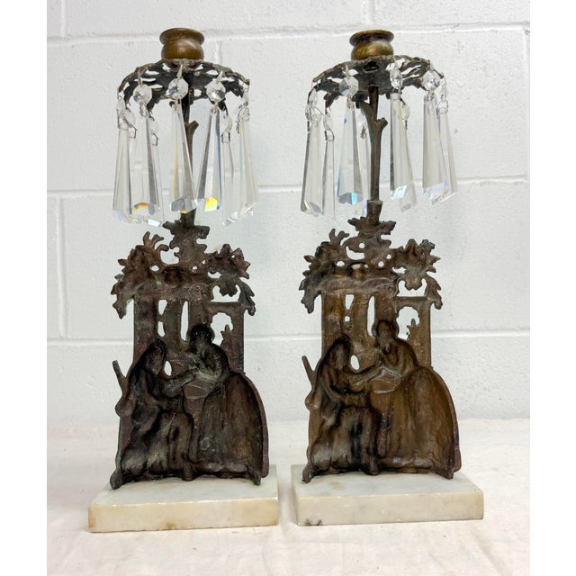 Pair of Antique Ornate Figural Brass Marble Crystal Girandole Candle Holders For Sale - Image 12 of 13