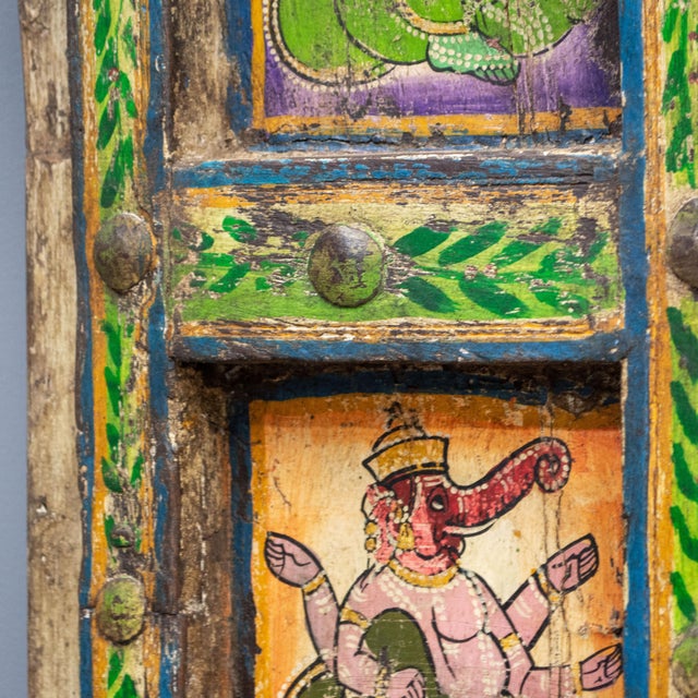 Wood Early 1900s Antique Rajasthani Doors With Folk Art Paintings of Ganesh For Sale - Image 7 of 12