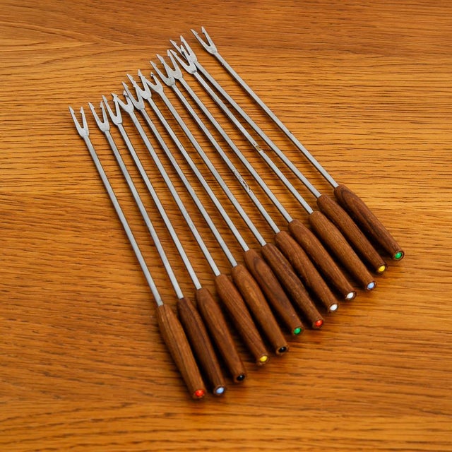 1960s Mid Century Modern American Fondue Set in Sliver Cheese Set With 12 Skewers For Sale - Image 10 of 12