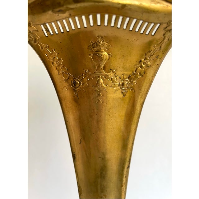 Antique Art Nouveau Gilt Metal Trumpet Altar Vase With Floral Relief For Sale - Image 11 of 14