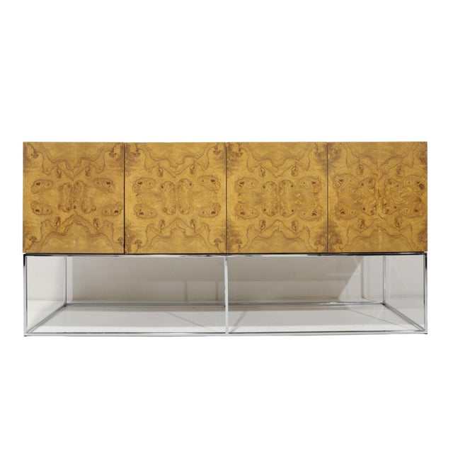 Mid-Century Modern Mid 20th Century Burled Olivewood Sideboard on Chrome Base Attributed to Milo Baughman For Sale - Image 3 of 11