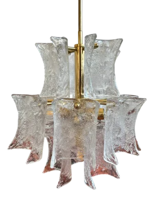 Mid-Century Italian Frosted Murano Glass and Brass Chandelier by Paolo Venini, 1960s