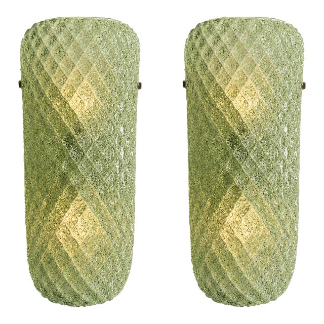 Set of Two Mid-Century Modern Green "Graniglia" Rombus Murano Glass Wall Sconces For Sale