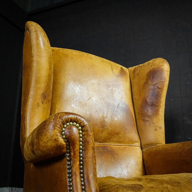 Vintage Tan Leather Wingback Armchair For Sale - Image 4 of 7