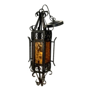 60's Gothic Spanish Revival Wrought Iron Amber Glass Hanging Pendant Lamp For Sale