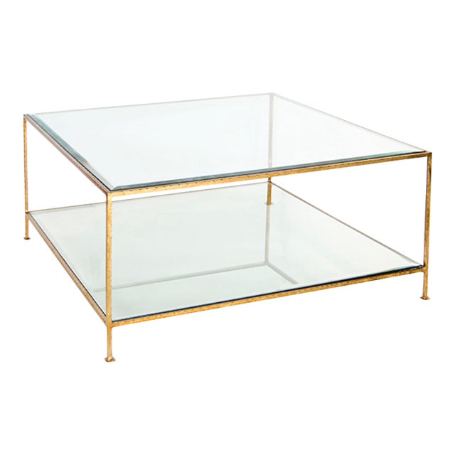 Matthew Izzo Home Quadro Minimalist Gold Leaf and Glass Two Tier Coffee Table For Sale