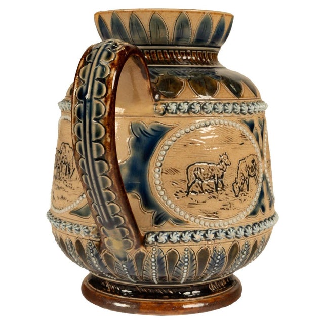 Antique Aesthetic Movement Doulton Lambeth Hannah Barlow Stoneware Jug Sheep, 1873 For Sale - Image 11 of 17