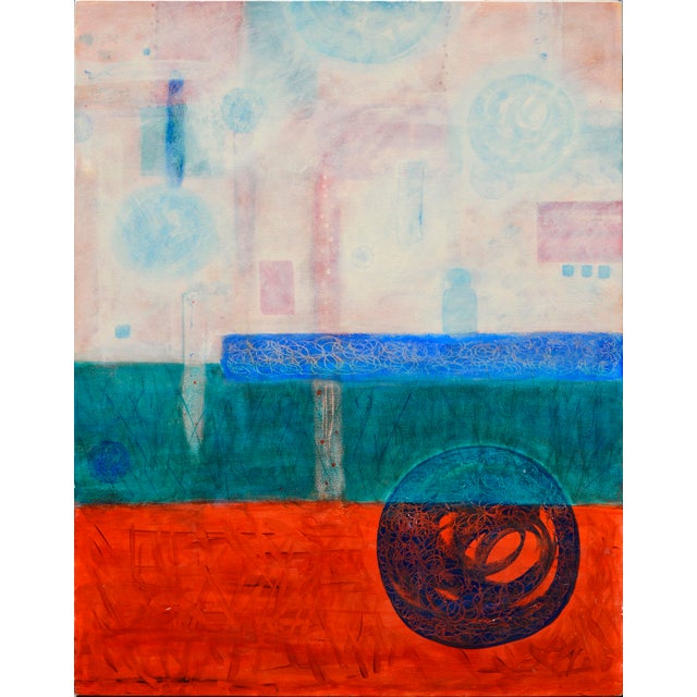 Abstract oil on wood panel depicting the beginnings of the ascendancy of the Earth by Julie R. Fudge (American, 20th...