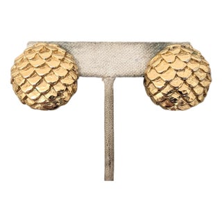 Vintage 1980s Signed Givenchy Round Domed Goldtone Scales Pierced Earrings-2 Pieces For Sale