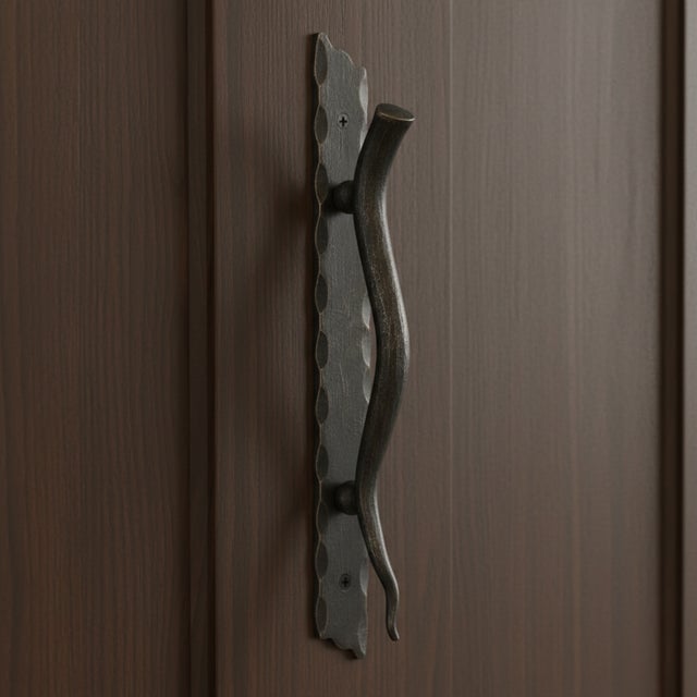 Rustic Hand-Forged Wrought Iron Door Pull (Gold Patina) Raw Edge Rustic Entry Hardware For Sale - Image 3 of 6