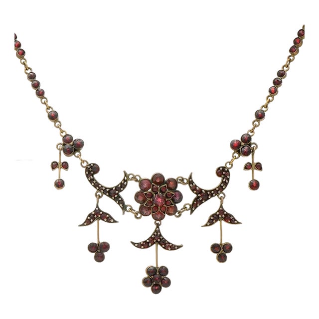 Vermeil Bohemian Garnet Floral Drop Necklace For Sale