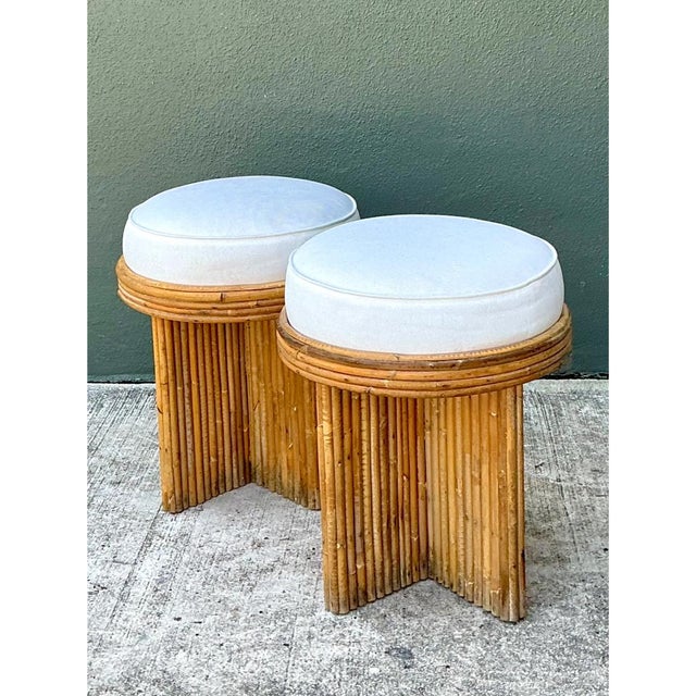 Camel Vintage Rattan Drum Stools - A Pair For Sale - Image 8 of 12