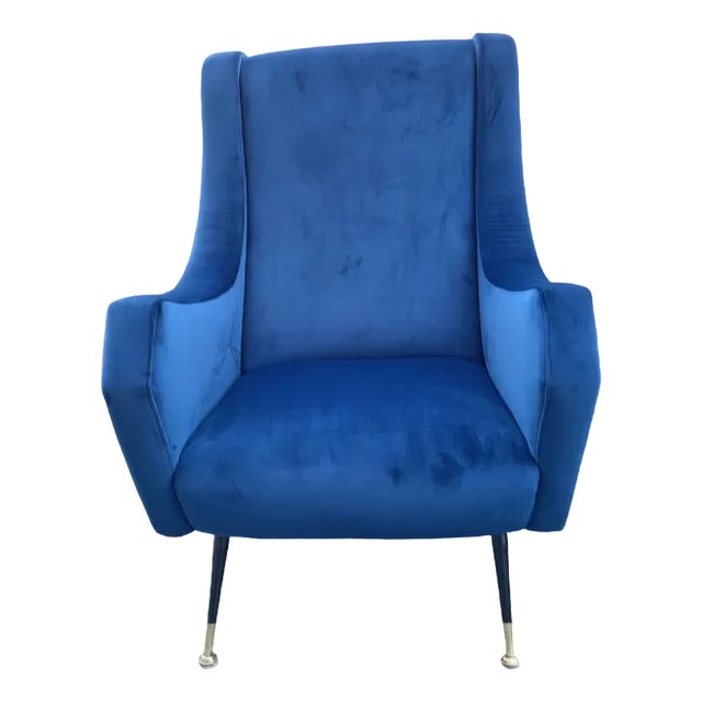 Armchair in Blue Velvet, 1950s For Sale