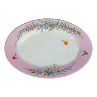 Antique French Large Floral & Butterfly Pink Limoges Porcelain Oval Platter For Sale