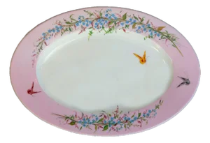 Antique French Large Floral & Butterfly Pink Limoges Porcelain Oval Platter