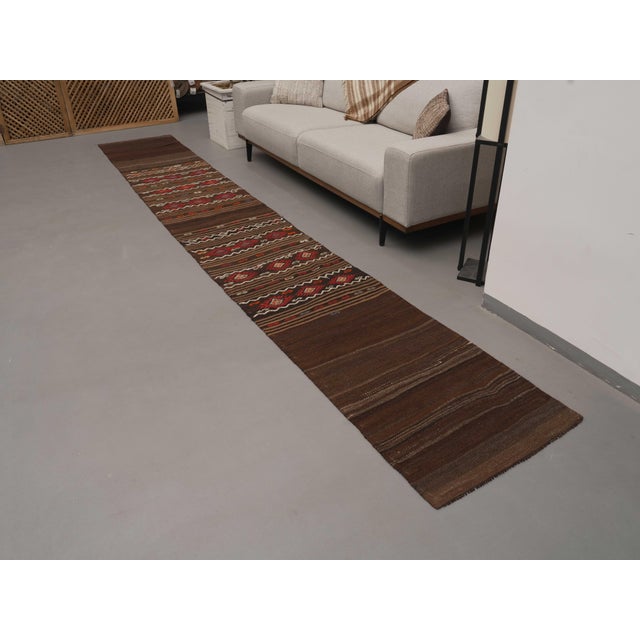 Turkish 1970s Vintage Handmade Wool Cotton Brown Runner Rug For Sale - Image 3 of 11