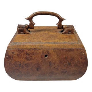 Victorian Burl Walnut Box With Carved Rabbit Handle Decorative Tea Caddy For Sale