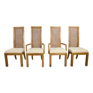 Late 20th Century Modern Campaign Style Dining Chairs Light Wood & Cane by American of Martinsville, Set of 4 For Sale
