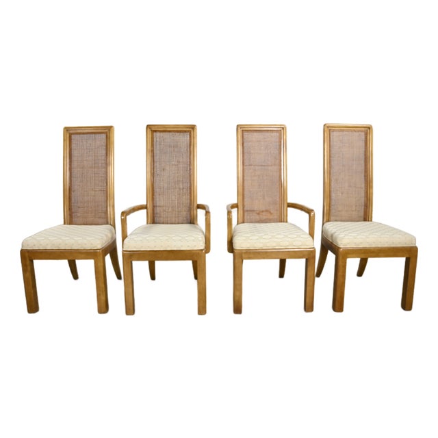 Late 20th Century Modern Campaign Style Dining Chairs Light Wood & Cane by American of Martinsville, Set of 4 For Sale