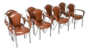 Vintage Leather and Steel Dining Chairs attributed to Frederic Weinberg, 1960, Set of 8