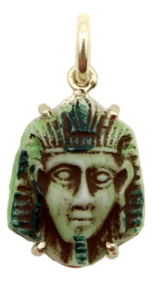 Art Deco Egyptian Revival Faience Pharaoh in 14k Gold Mount Pendant / Charm