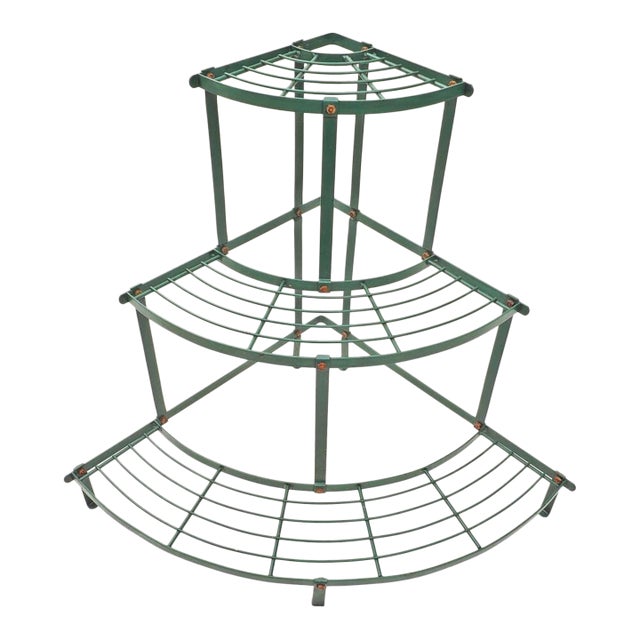 Late 20th Century French Style Three-Tier Corner Green Painted Iron Plant Stand For Sale
