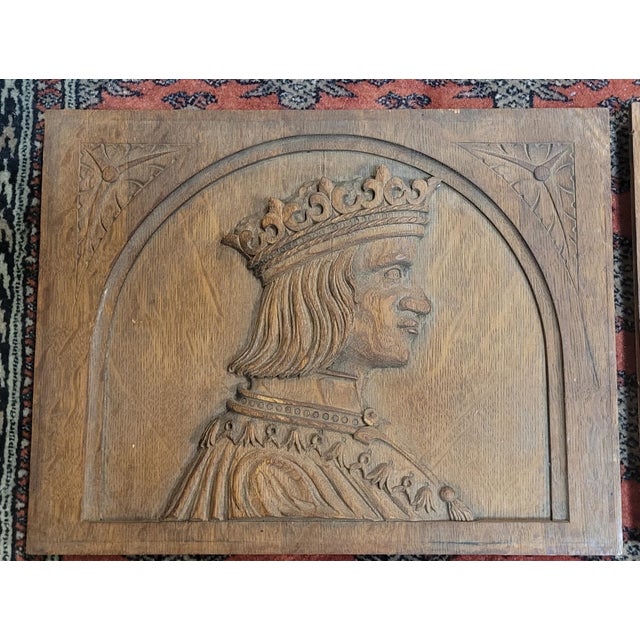 Exceptionally carved pair of 19th Century Oak panels of a king and queen. Each measures 13 in by 17 in the king panel is...