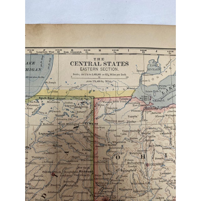 1883 map of Illinois, Indiana, Ohio, and Kentucky measuring about 10.25” x 12.75” There is discoloration to paper...